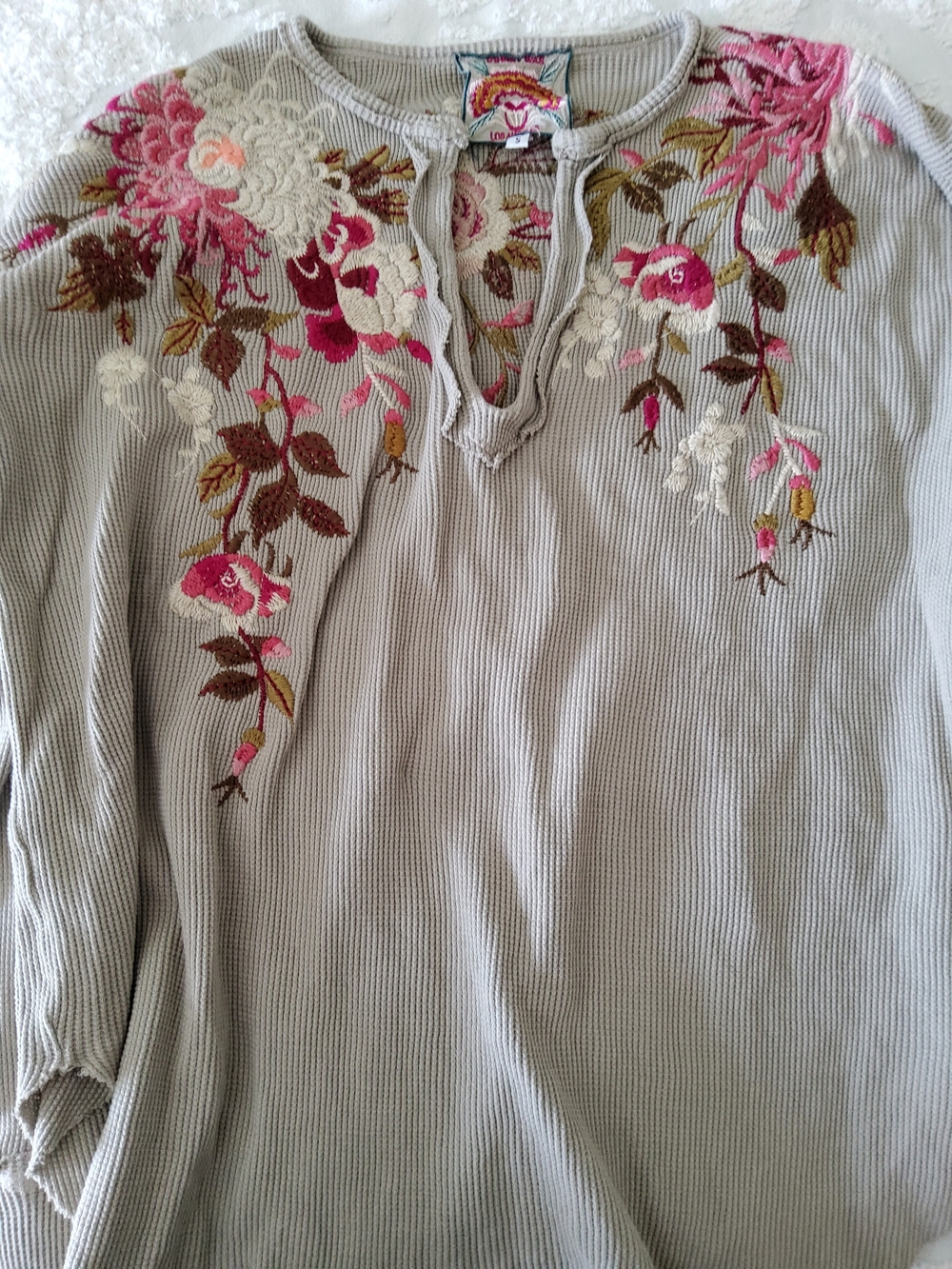Johnny Was Gray Ribbed Knit Sweatshirt with Pink Floral Embroidery Size S